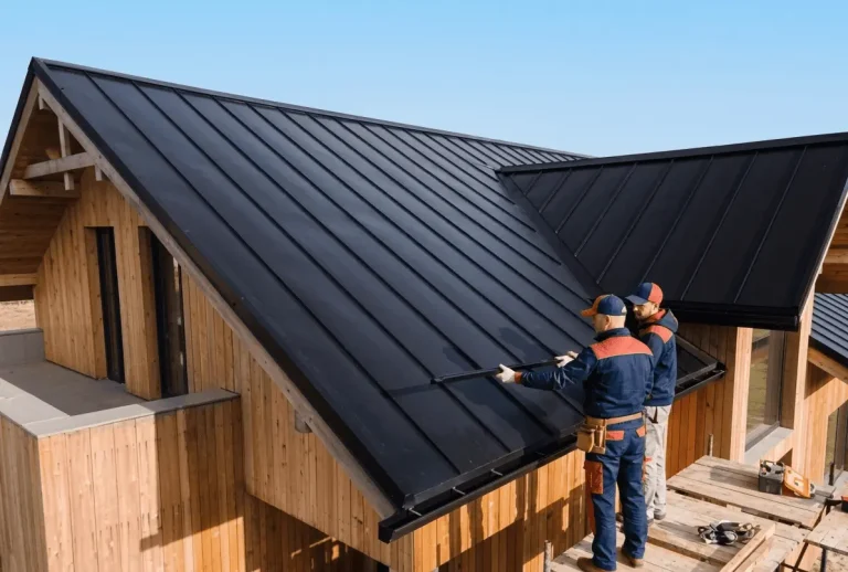 Two professional roofing contractors inspecting a newly installed black standing seam metal roof on a modern timber house, highlighting high-quality roof repairs on the Central Coast.